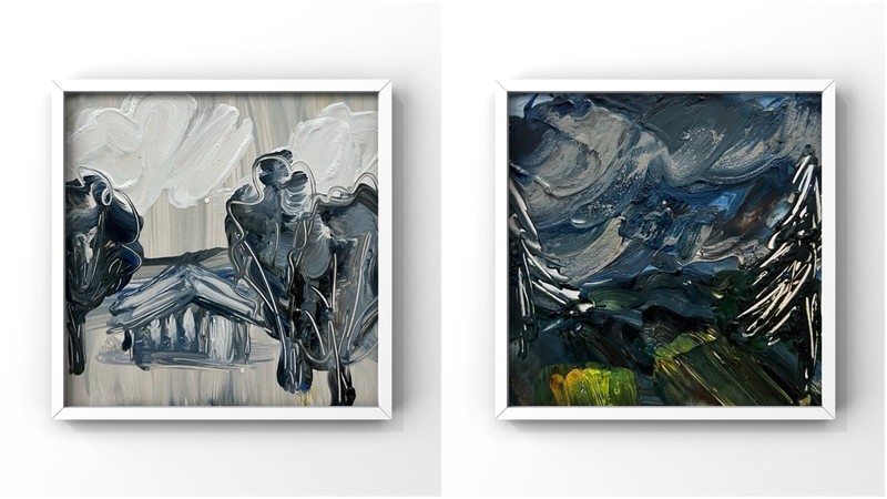 Day and Night Landscape Diptych Mountain Cabin and Night Stormy Sky Painting 4”