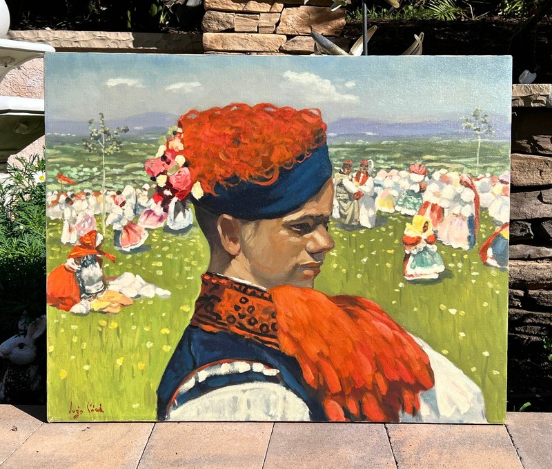 VTG Original c. 1950s Large Oil Painting Czech Folk Scene in Style of Joza Uprka