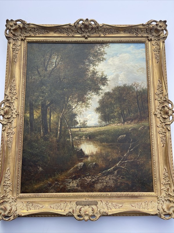 ANTIQUE 19TH CENTURY LANDSCAPE PAINTING JOSEPH THORS W LARGE ORNATE FRAME LISTED