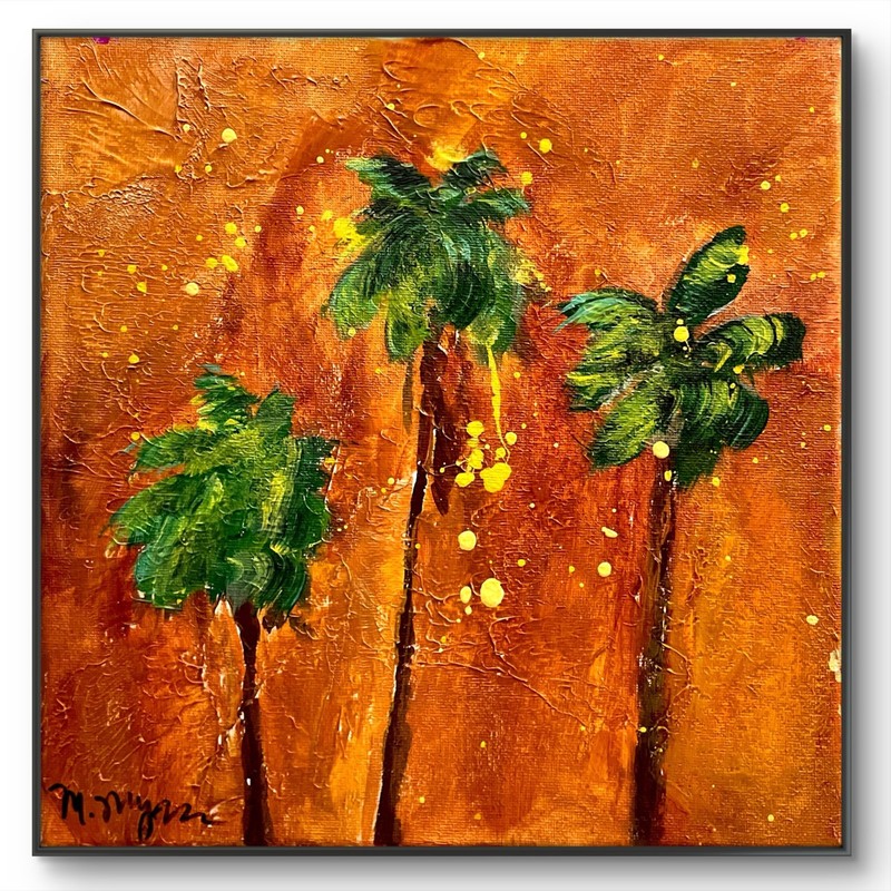 Mary Myers Original Abstract Expressionism 10×10 Orange Palm Trees Signed Fine