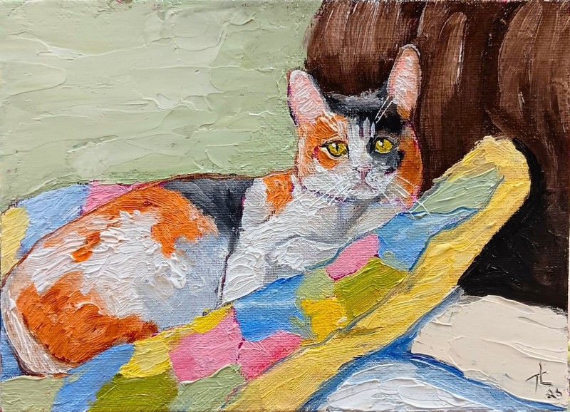 RECLINER, 5X7 Original Oil Painting our cat on a recliner by Ty Livingston.