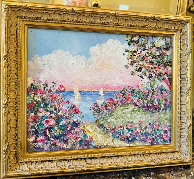 Vintage KADLIC Original Oil Painting Seascape Impasto Gold Gilt Wood Frame 12” gallery