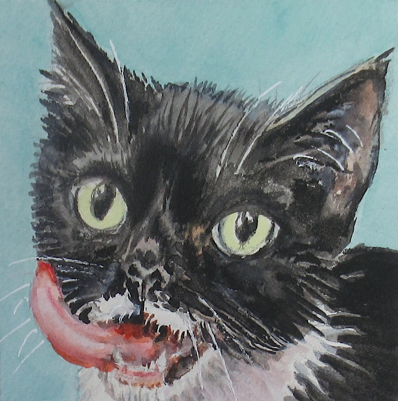 Tuxedo cat, Kitty, 4×4 inch mini painting, framed original watercolor artwork