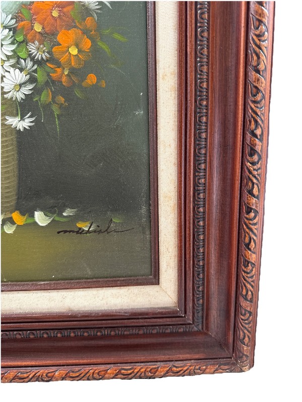 Vintage Framed Floral Oil Painting 27x19 Signed Romantic Roses Daisies gallery