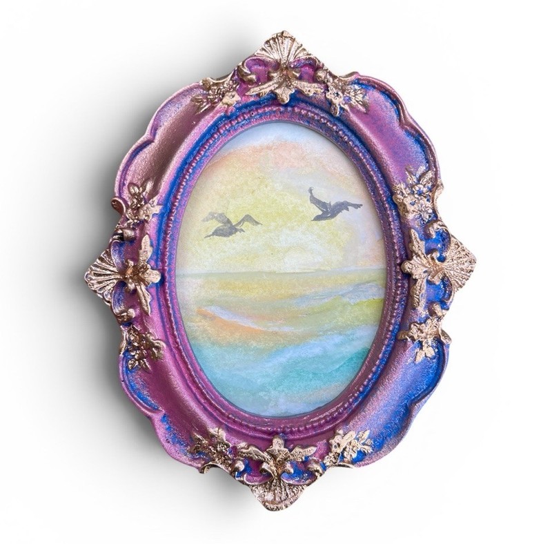 Original Seagull Seascape mini watercolor painting in vintage style ornate frame
