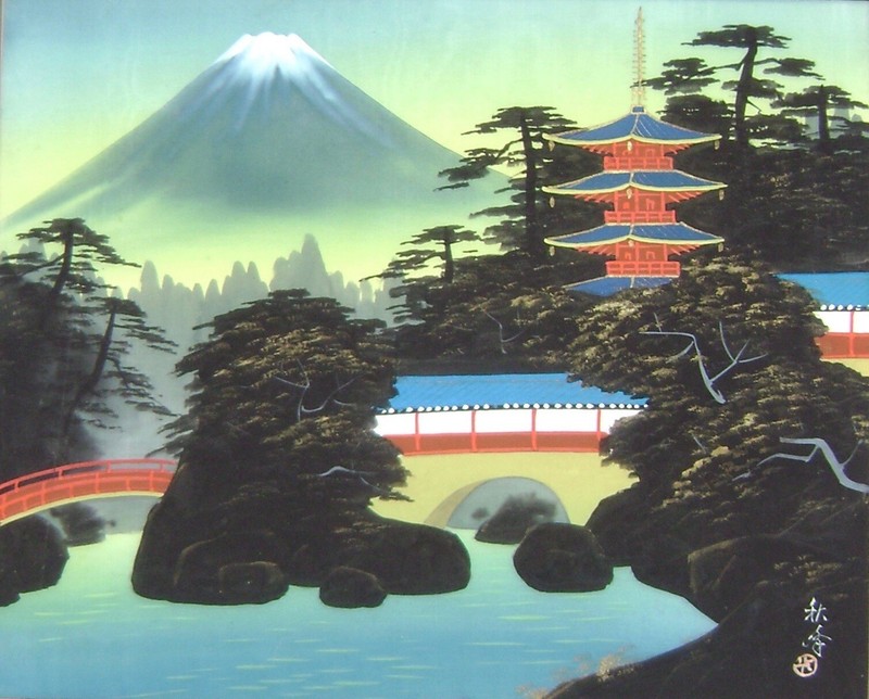 japanese painting Mt Fuji & Temple , mid 20c , signed & sealed, untranslated