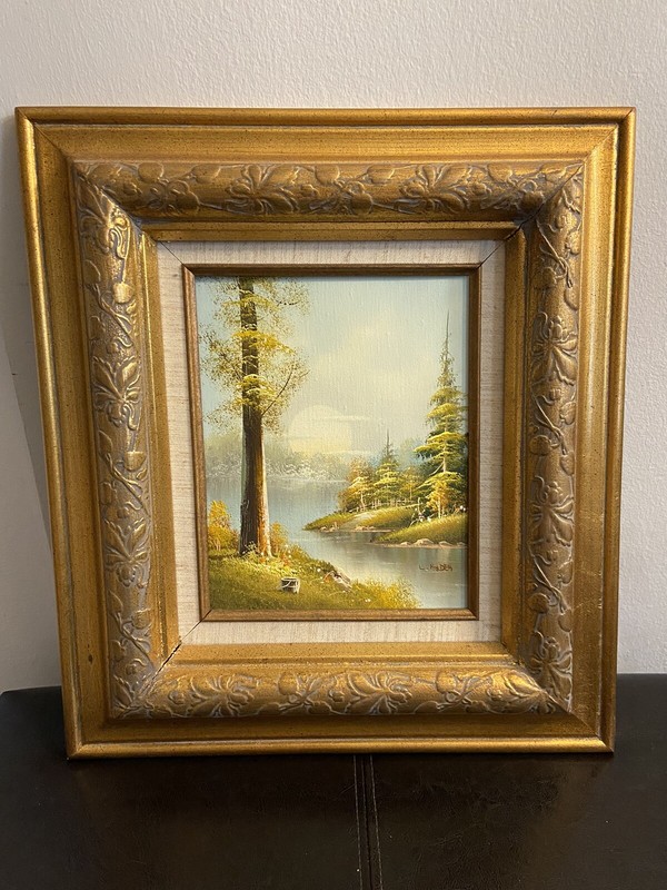 L. HOLDEN ORIGINAL OIL PAINTING GROVE LANDSCAPE AUTUMN SIGNED GOLD TONE FRAME