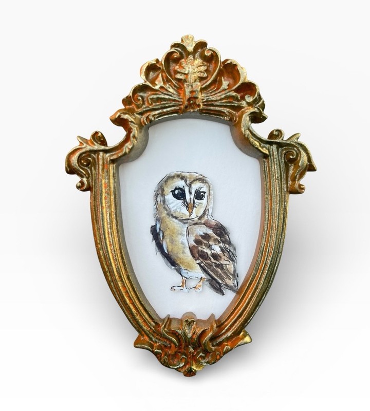 Owl 🦉 mini watercolor bird print of original painting • vintage ornate frame