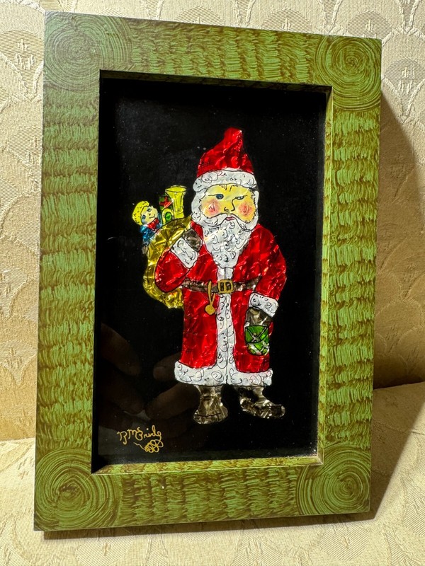 Robert J McBride Folk Art Tinsel Foil Reverse Painting «Santa Claus» #1 – Framed