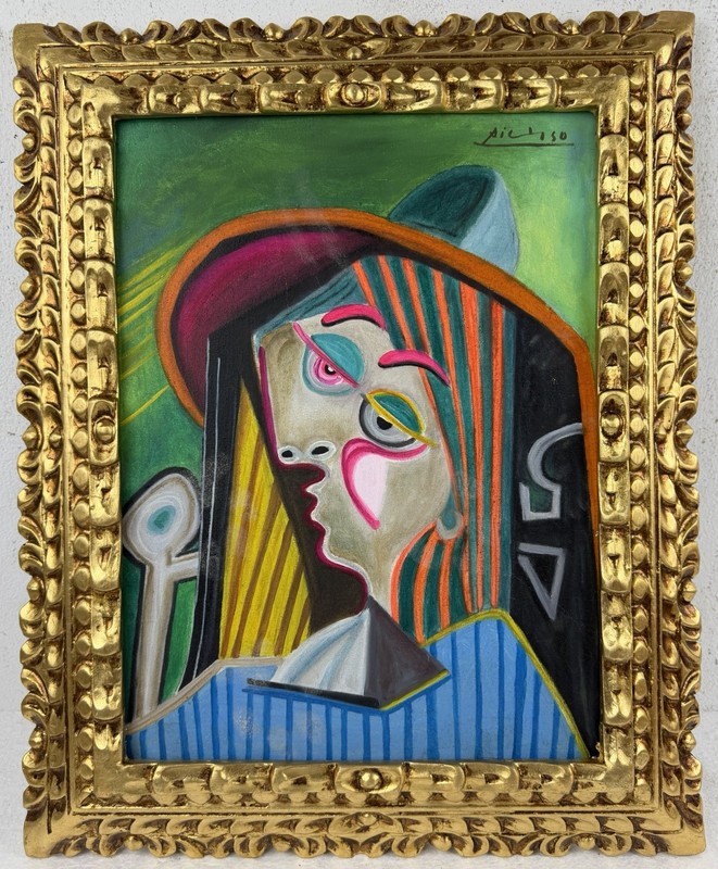Pablo Picasso (Handmade) Oil On Canvas Signed & Stamped Framed Painting, Vtg Art