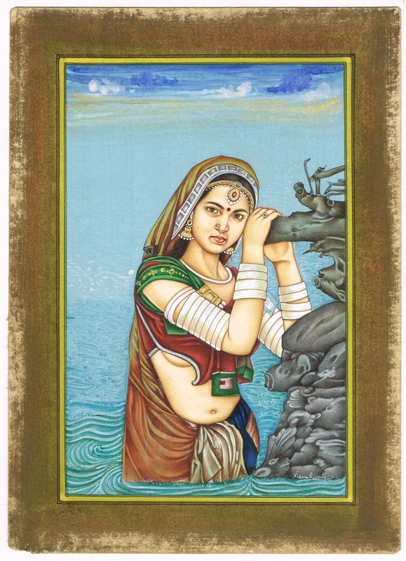 Indian Miniature Painting Of A Woman Stands Alone In The River 7×10 Inches