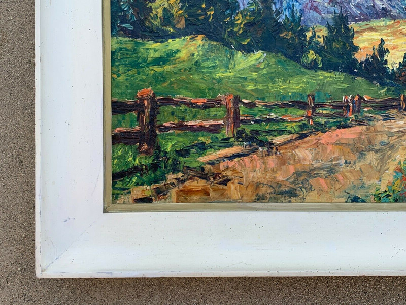 VINTAGE EUROPEAN IMPRESSIONIST "SWISS ALPS" LANDSCAPE OIL / CANVAS. SIGNED. 1954 gallery
