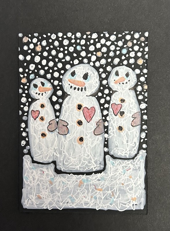 ACEO Original Miniature Painting By Lyn’et Titled; ‘Snowmen Gathering’
