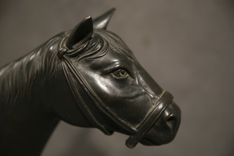 18th Century Chinese Animal Bronze Horse with Saddle Dark Brown & Green Patina gallery
