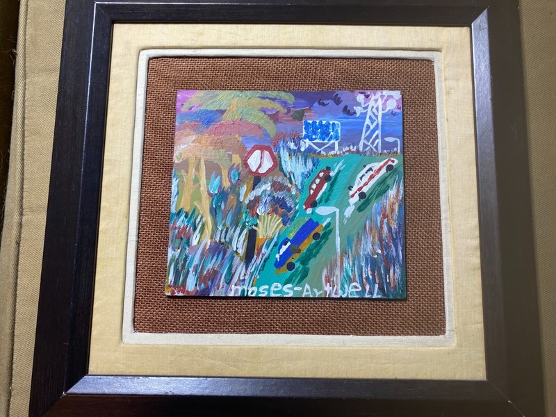 Moses Atwell Outsider Art «Cars In Landscape Scene» Oil Painting – Signed/Framed