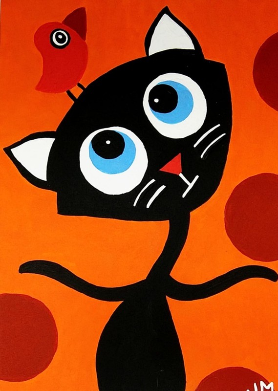 New! ACEO size painting original signed whimsical art «Happy Cat»