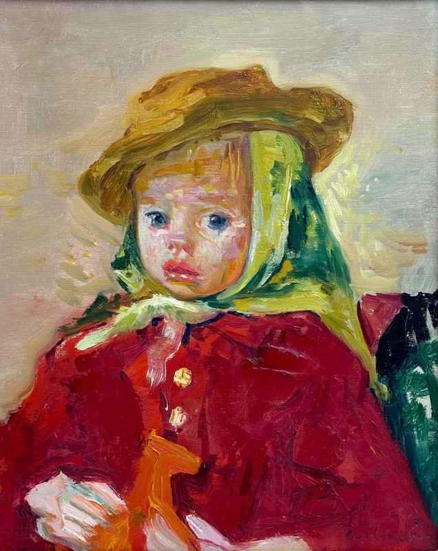 Luigi Corbellini (1901-1968) Oil on Canvas Painting Girl in Red Coat Framed gallery