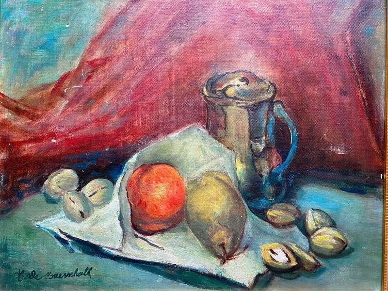 ::OIL PAINTING SIGN. MAINSCHALL STILL LIFE FRUIT WITH PITCHER PEAR APPLE NUTS gallery