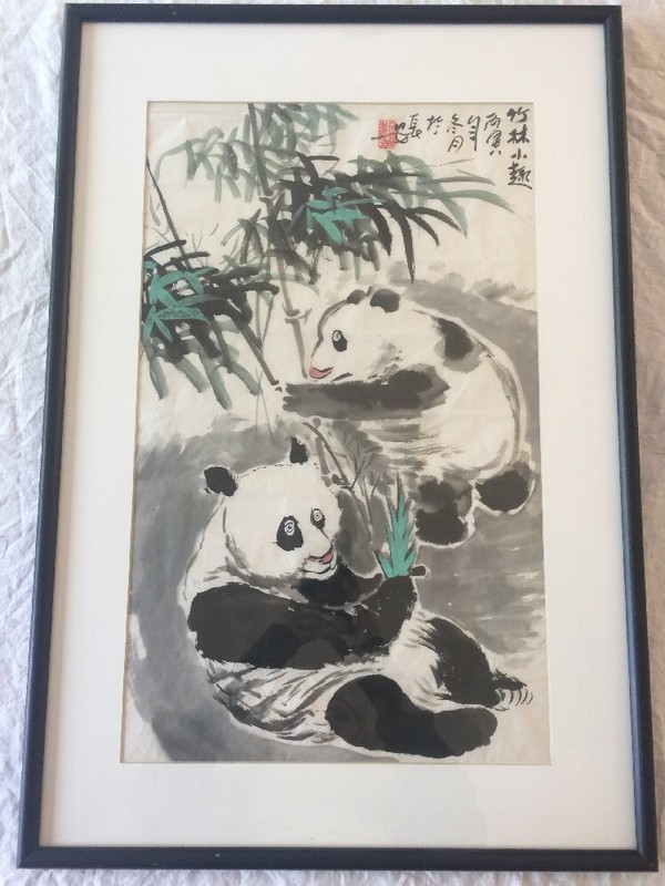 Panda Watercolor Painting Signed Chinese Brush Ink Framed 19″ x 21.5″ Asian Art