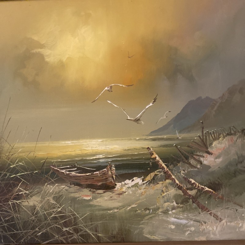 1970’s Oil Painting Seascape Beach Boat Nautical Seagulls Shore 31” X 27” Large gallery