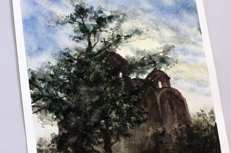 Summer Art Ukrainian Church Sky Tree Landscape Original Watercolor Painting gallery