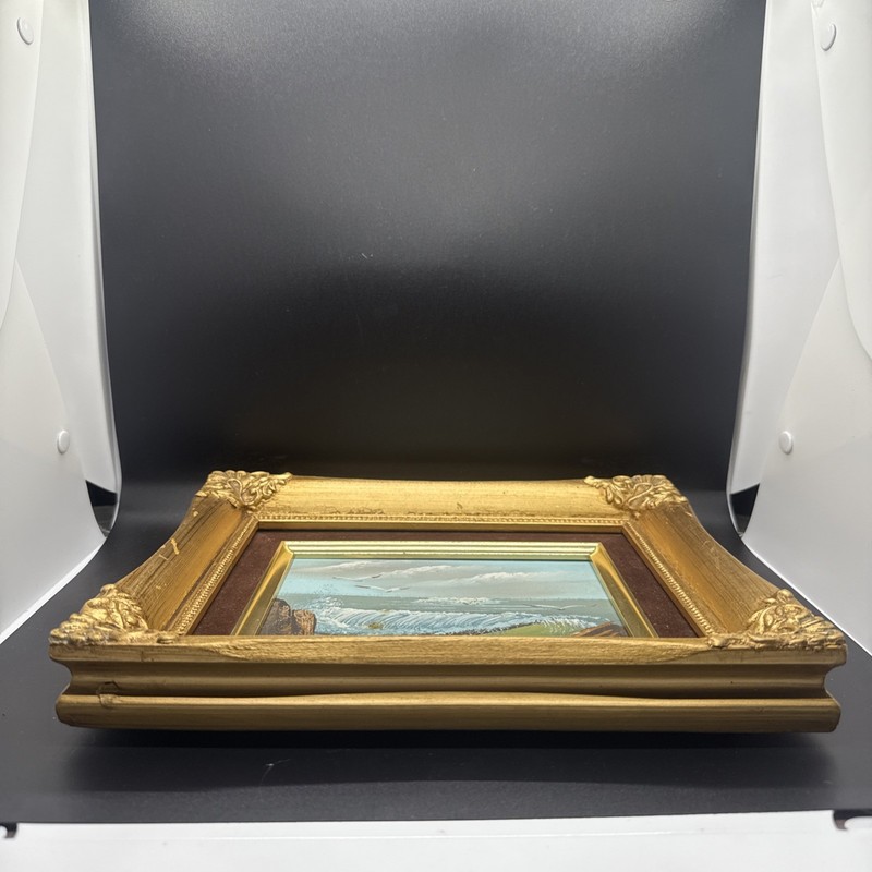 Vintage Small Original Oil Painting On Board Seascape Gold Frame 11” X 9” gallery