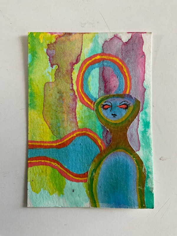 aceo original art alien sci-fi figure abstract fantasy oddities space 2.5×3.5