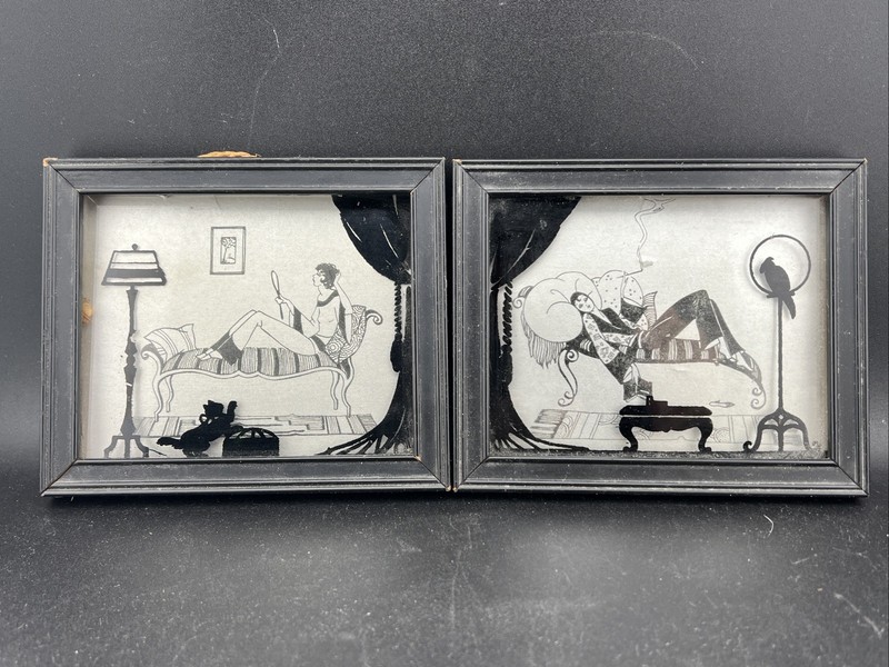 TWO VINTAGE ART DECO Silhouettes Reverse painted on Glass by Deltex CO 1930s