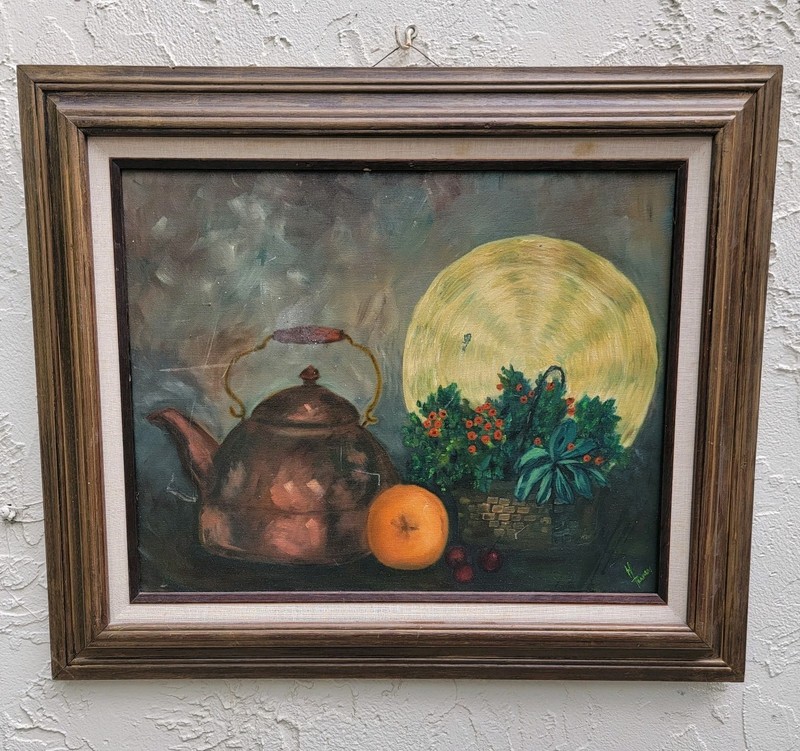 Signed Still Life Oil Painting Kettle Fruit Flowers Framed Vintage Art 26×22″
