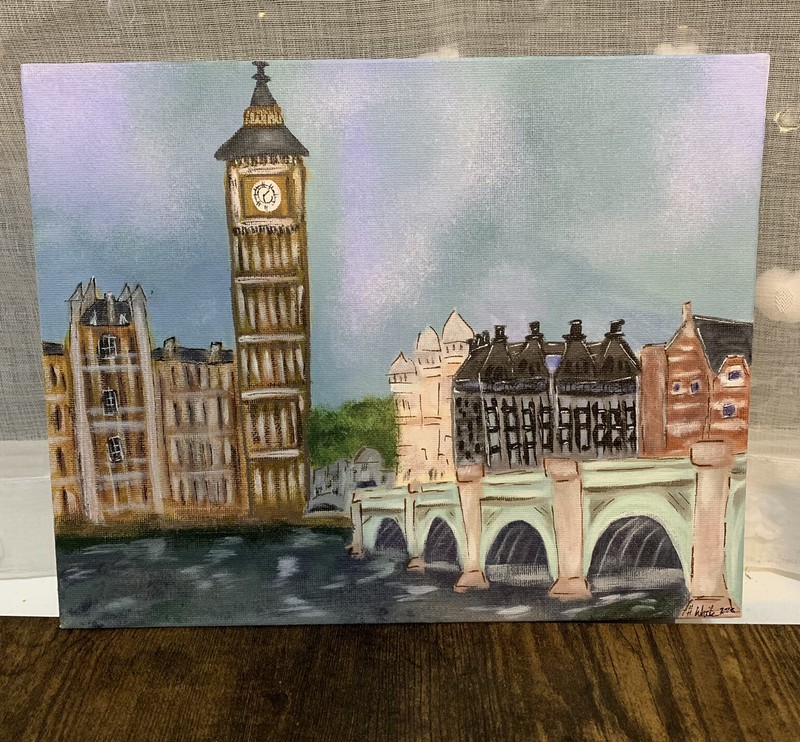 Original London Painting Acrylic Big Ben 8×10 Canvas Panel Westminster Bridge