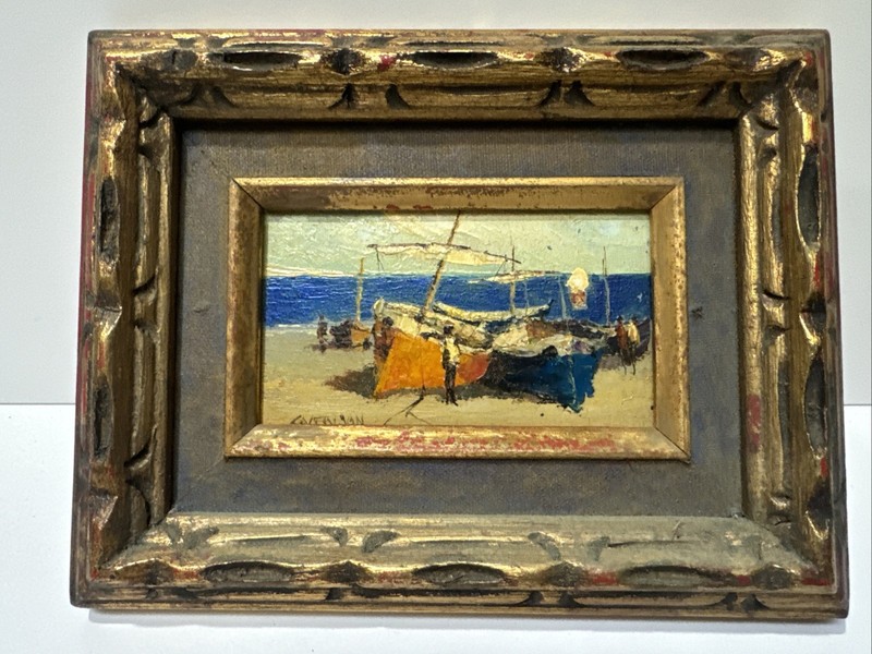 MID CENTURY BEACH PAINTING COASTAL LANDSCAPE SMALL SIGNED LISTED FAMOUS OIL