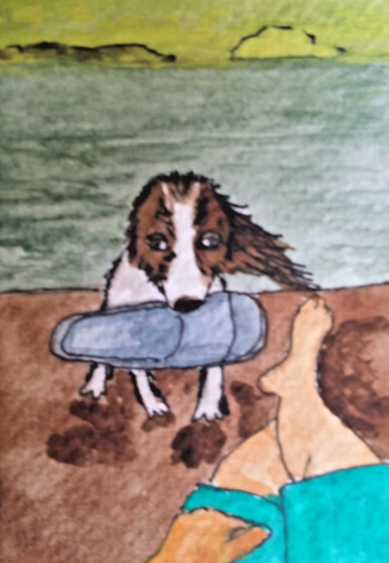 ACEO Original – Dog & Man in the Beach- Watercolor 2.5 x 3.5 Signed