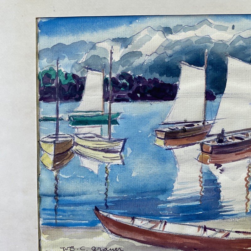 William C. Grauer (Ohio 1896-1985) Sailboats in Mountain Lake, Signed Watercolor gallery
