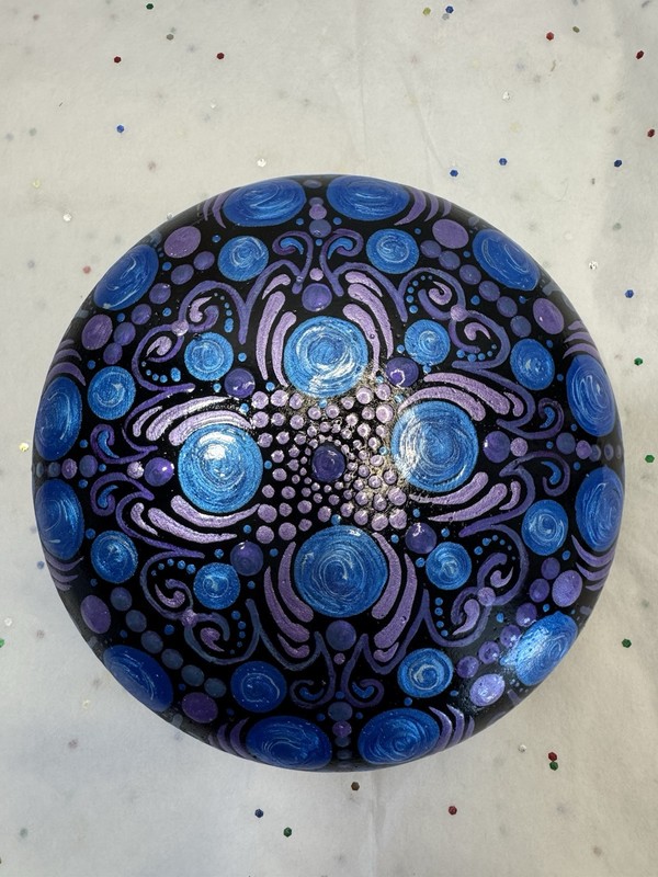 Artisan Hand Painted Man Made Rock | Mandala Blue Swirl Colorful Art 4.5″