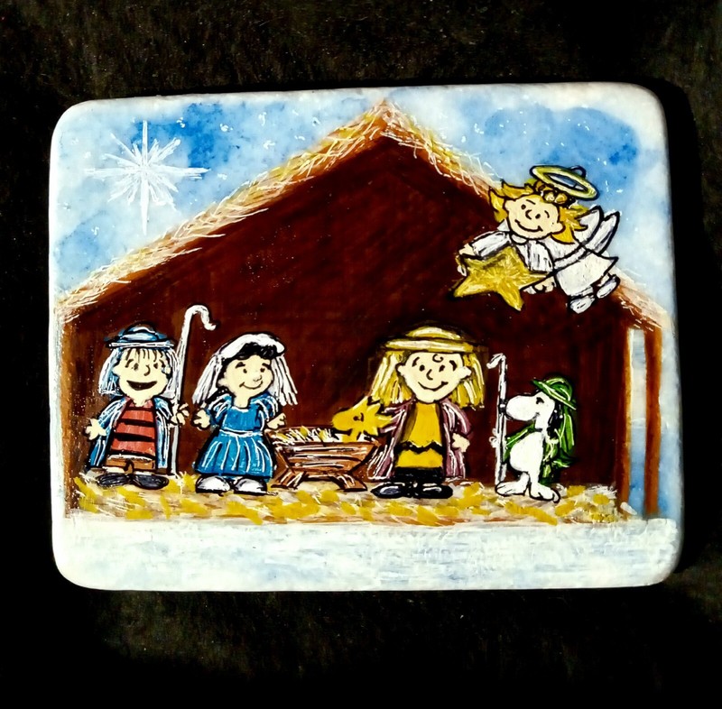 OOAK Hand Painted Nativity Inspired by Peanuts Gang and Snoopy on a white stone
