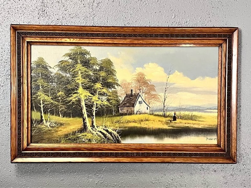 Vintage BRENNER ART Oil Painting Signed-Brenner, cabin scene
