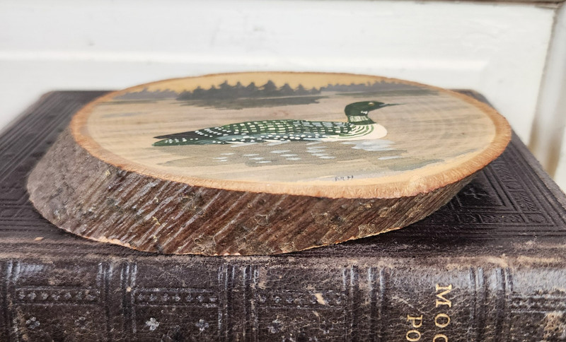 VTG Rustic Loon Duck Original Folk Art Painting Wood Slab Live Edge Signed Cabin gallery