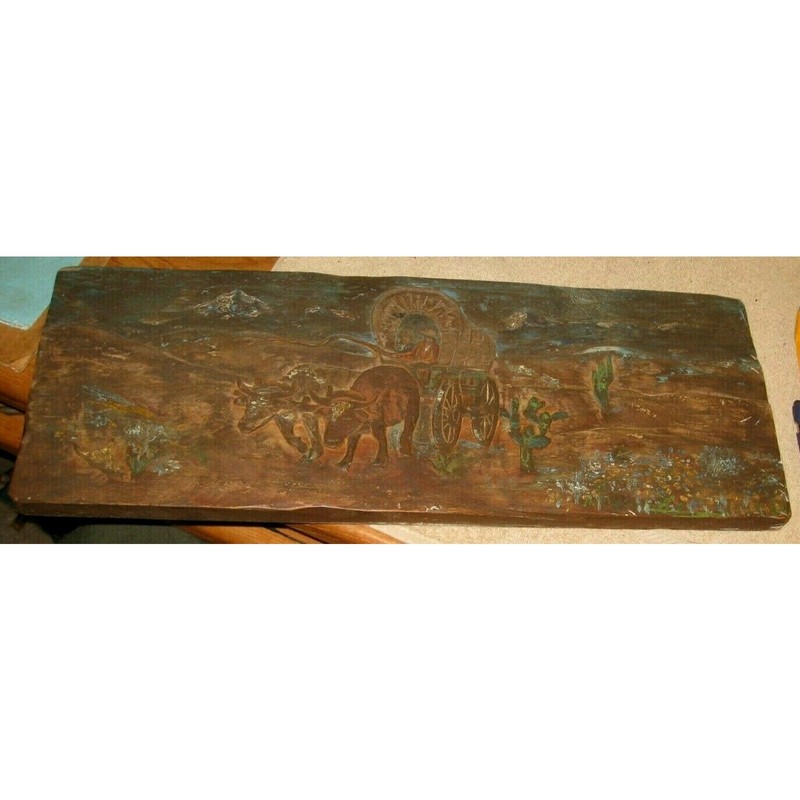 Incredible Painted and Carved Western Landscape with Covered Wagon & Oxen
