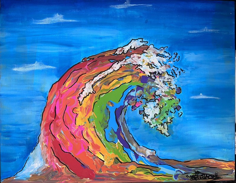 Shortiez Ink Graffiti 11 X 14 Canvas Board Painting Wave Beach Rainbow Ocean