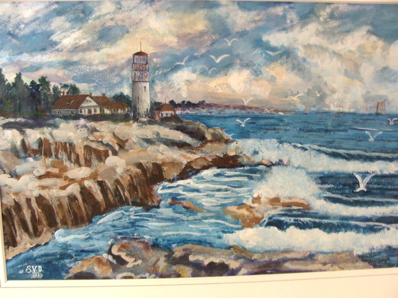 Antique 1933 Rhode Island Lighthouse Seascape w/C Painting