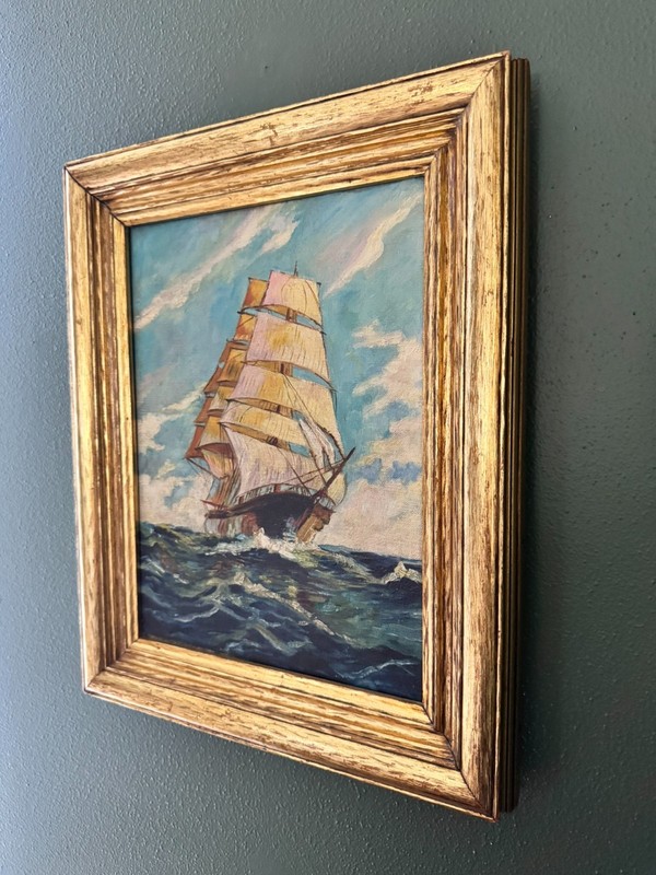 Framed Sailboat Seascape Oil Painting on Canvas Maritime Wall Art 16x12.5 gallery