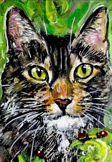 ORIGINAL ACEO Painting CAT &Ladybugs Grey White TABBY Spring Kitten Feline ART