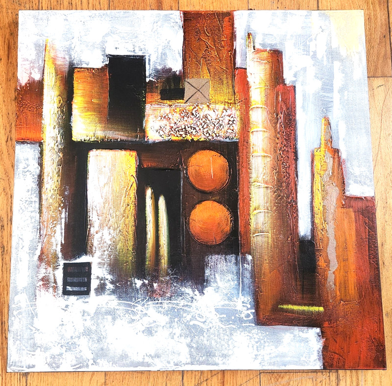 Large Abstract City Skyline Textured Mixed Media Oil Painting 23.5″ X 23.5″
