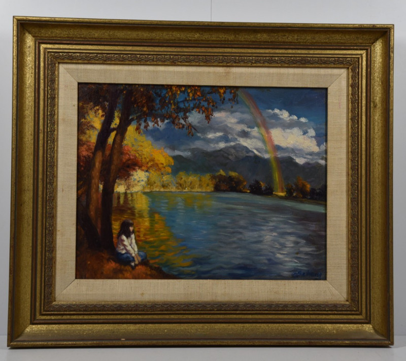 Vintage Art Painting Fall Colors Somewhere Over the Rainbow Lake Rockies Signed