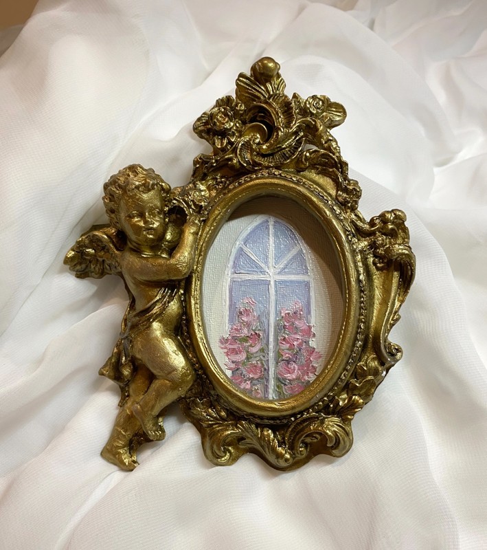 Window Flowers Original Oil Painting; Gothic Vintage Miniature Flower (6 x 5 in)