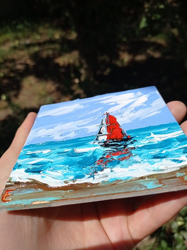 Original Painting Island Art Tropical Sailboat at sunset Oil Art Seascape 4 x 4 gallery