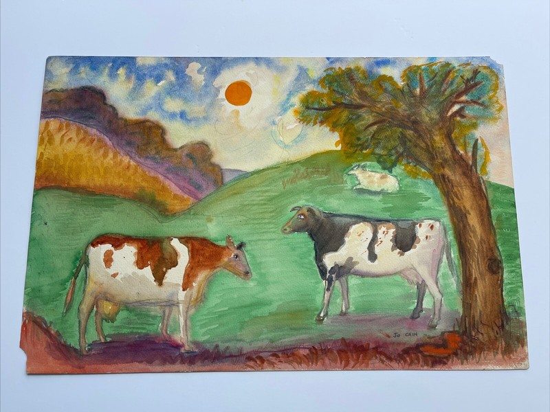 ANTIQUE PAINTING JO CAIN 1930’S WPA ARTIST NEW YORK COW LANDSCAPE SIGNED LISTED