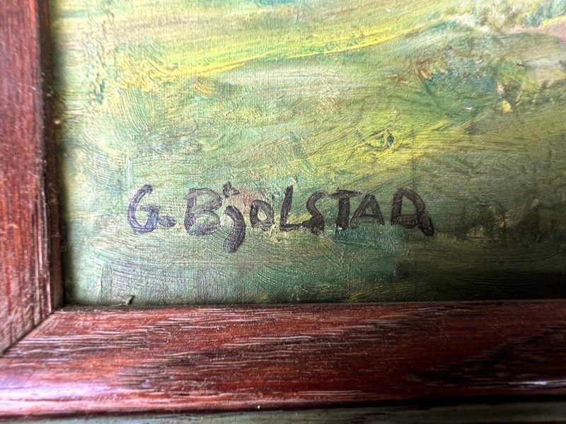 Original Artist Signed Bjolstad Oil Painting Landscape European Mountain Chalet gallery