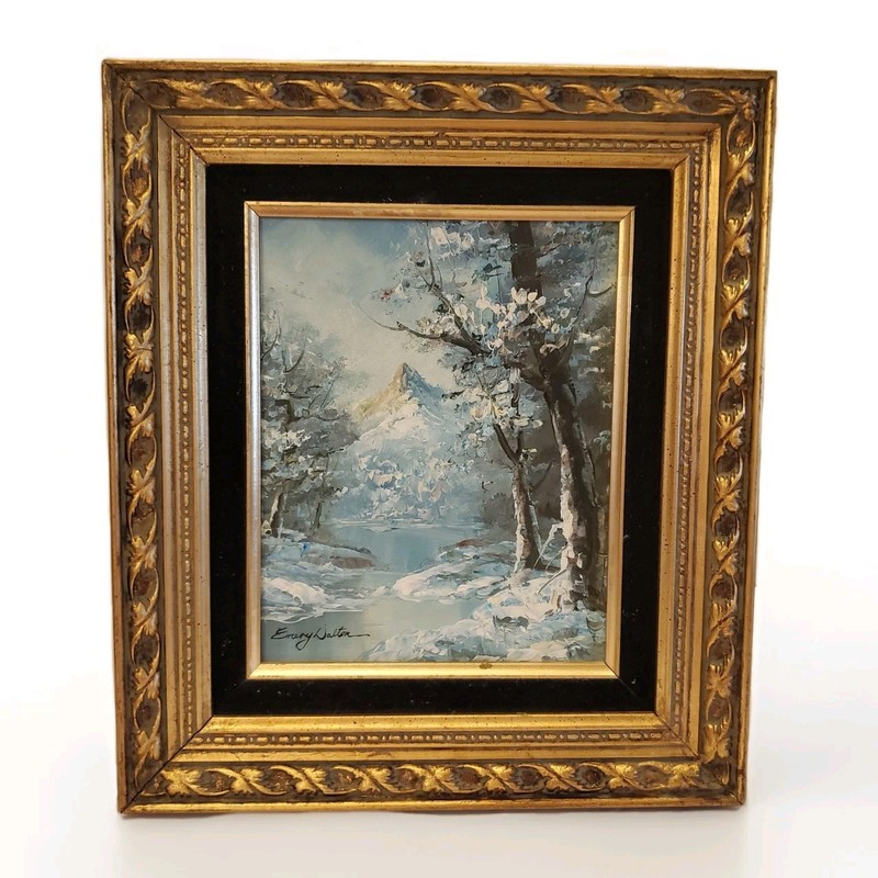 Oil On Canvas Painting Winter Mountain River Scene By Emery Dalton Framed 13X15″