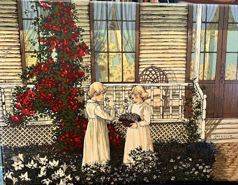 H Hargrove Old Farmhouse 2 Girls Red Climbing Roses White Lilies Blue Flowers